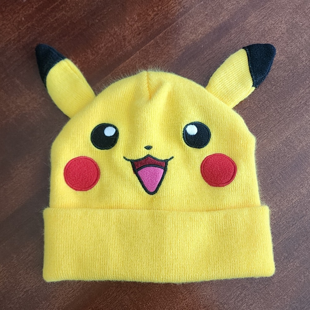Pikachu Pokémon Yellow Face Red Cheeks Ears Beanie Hat Cap Winter Adult Youth